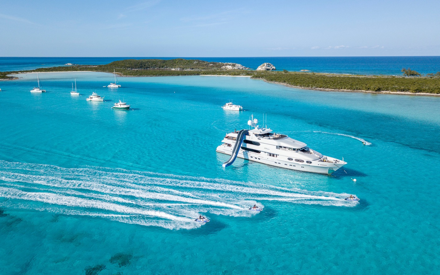 Yacht anchored off a cay in the Exumas, Bahamas